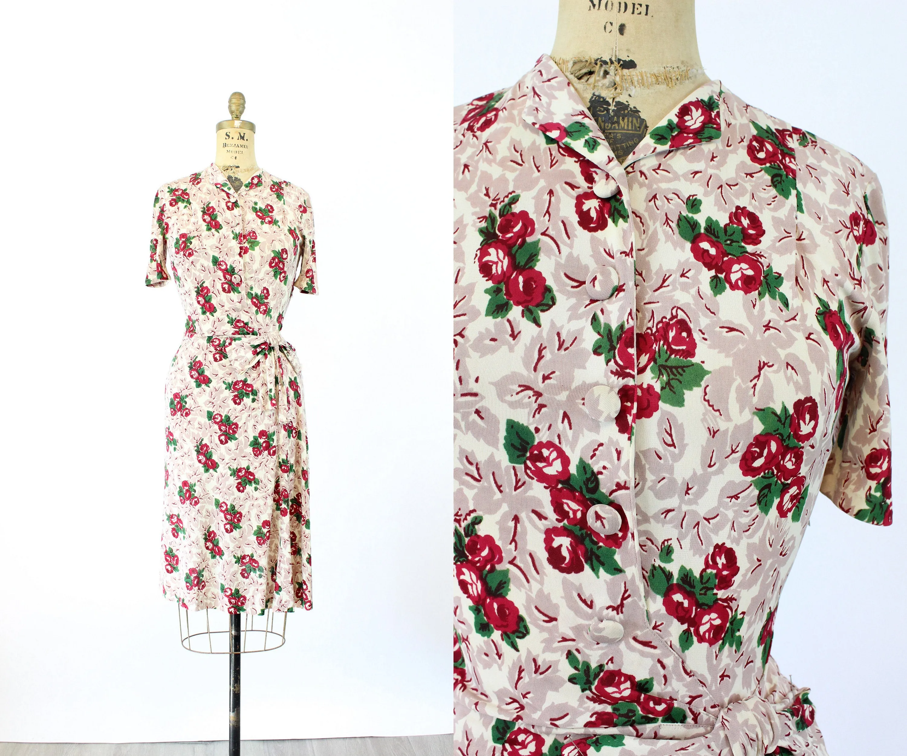 1940s rayon jersey ROSE floral dress XS | new fall