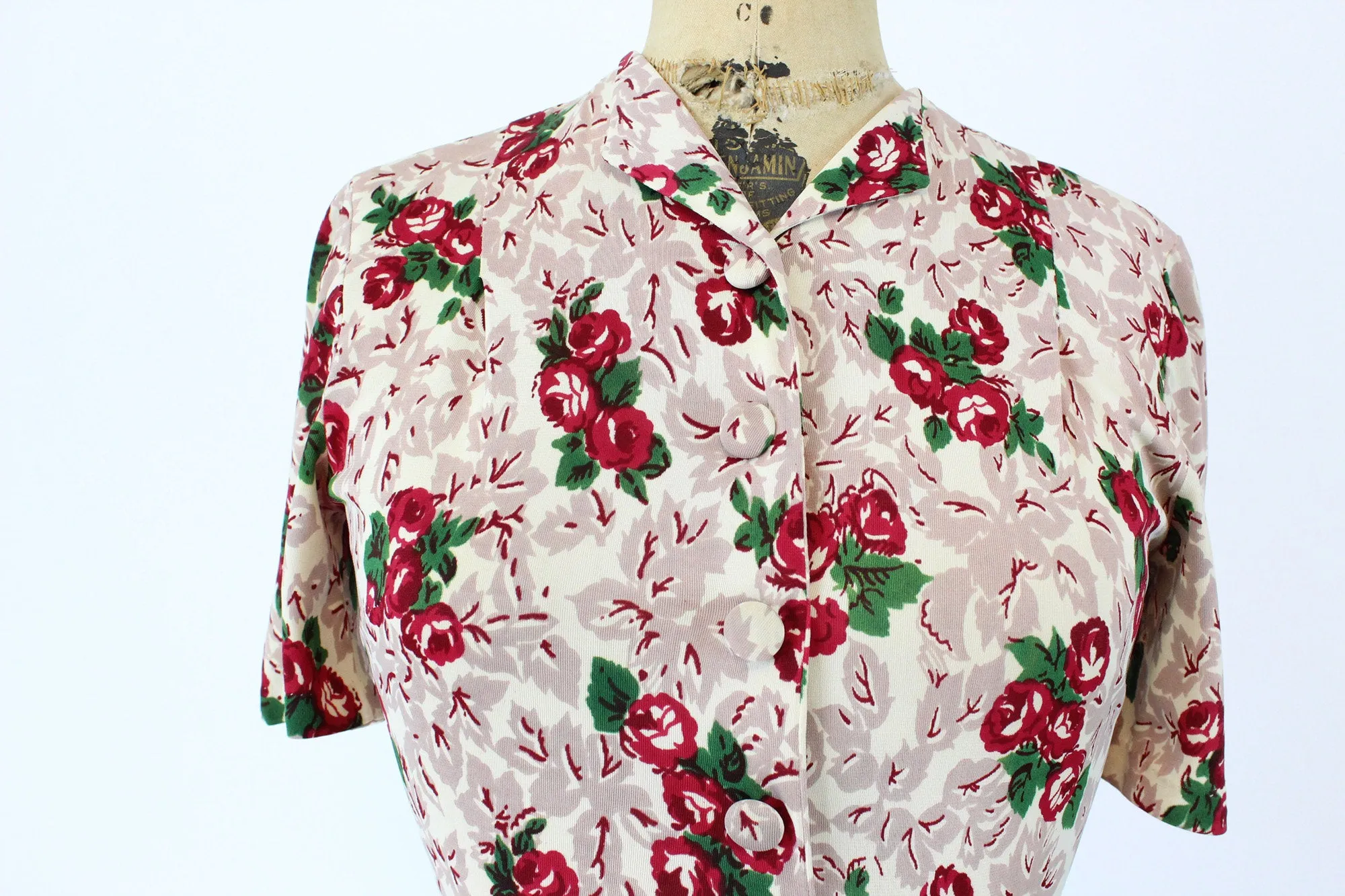 1940s rayon jersey ROSE floral dress XS | new fall