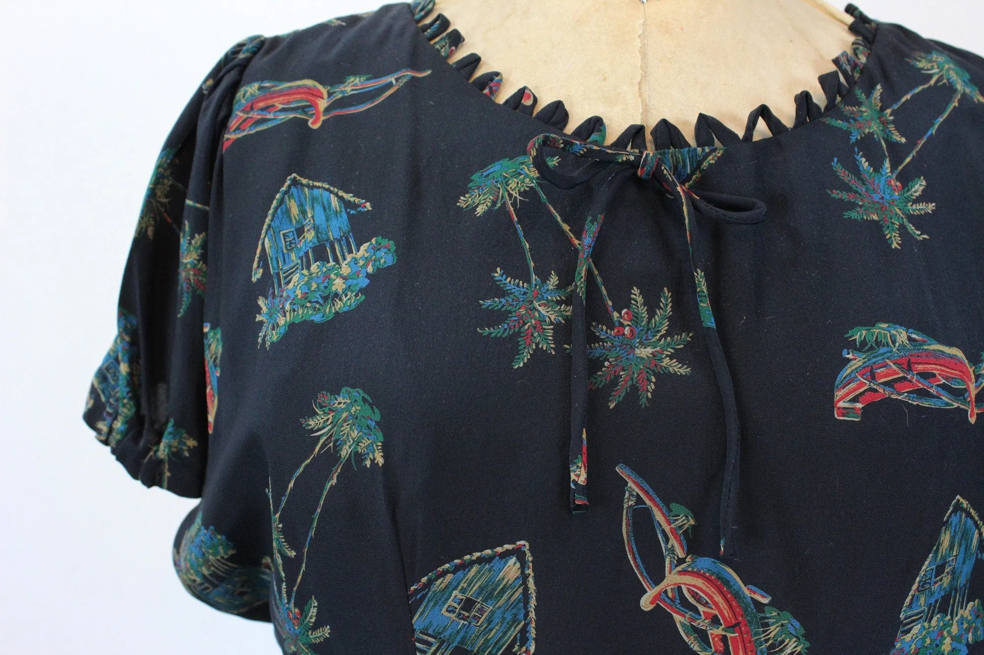 1950s NOVELTY PRINT houses boat palm tree dress medium | new fall