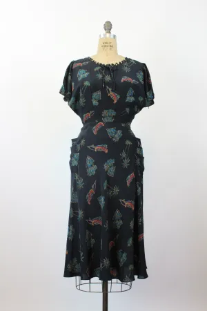 1950s NOVELTY PRINT houses boat palm tree dress medium | new fall