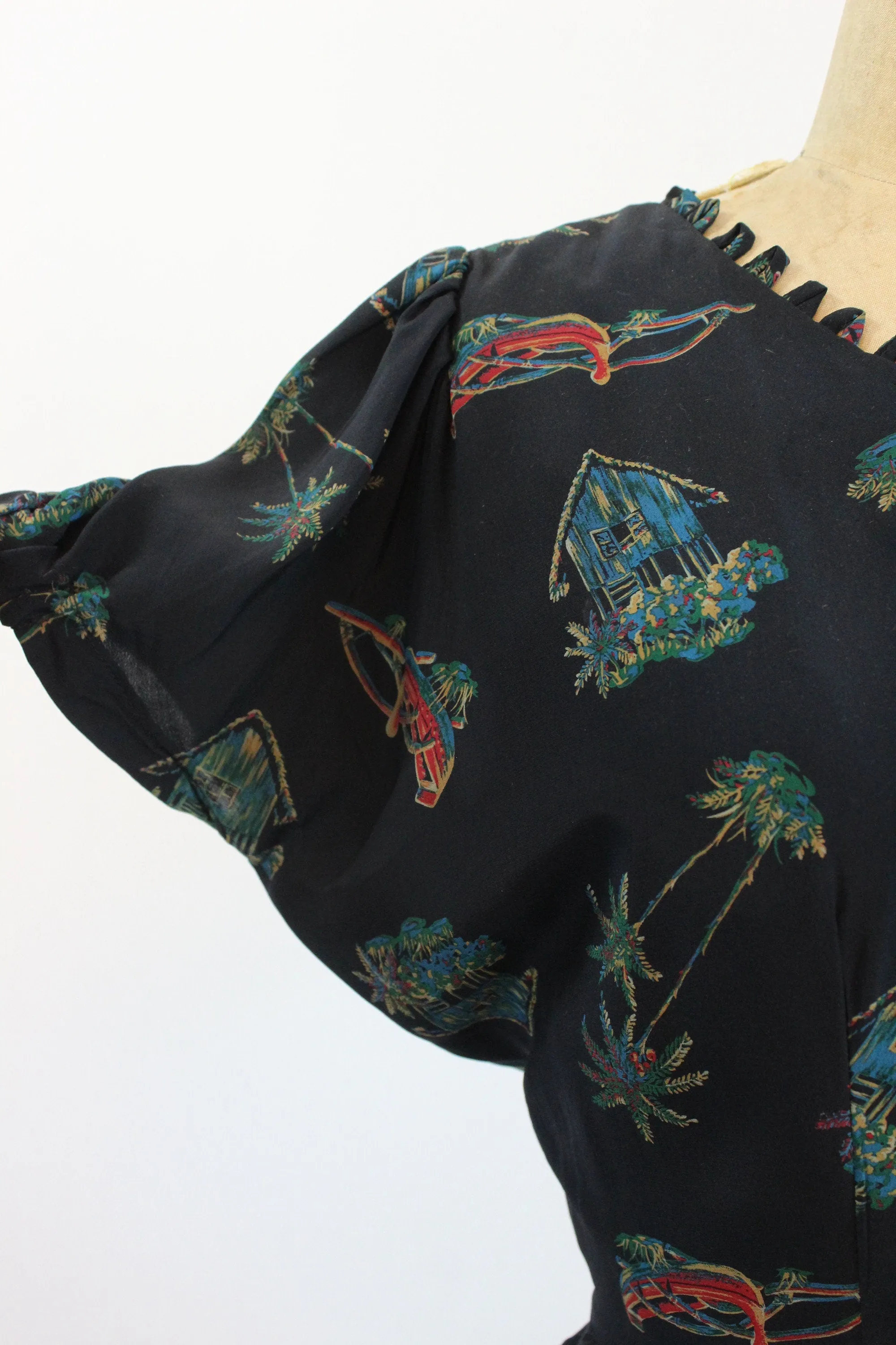 1950s NOVELTY PRINT houses boat palm tree dress medium | new fall