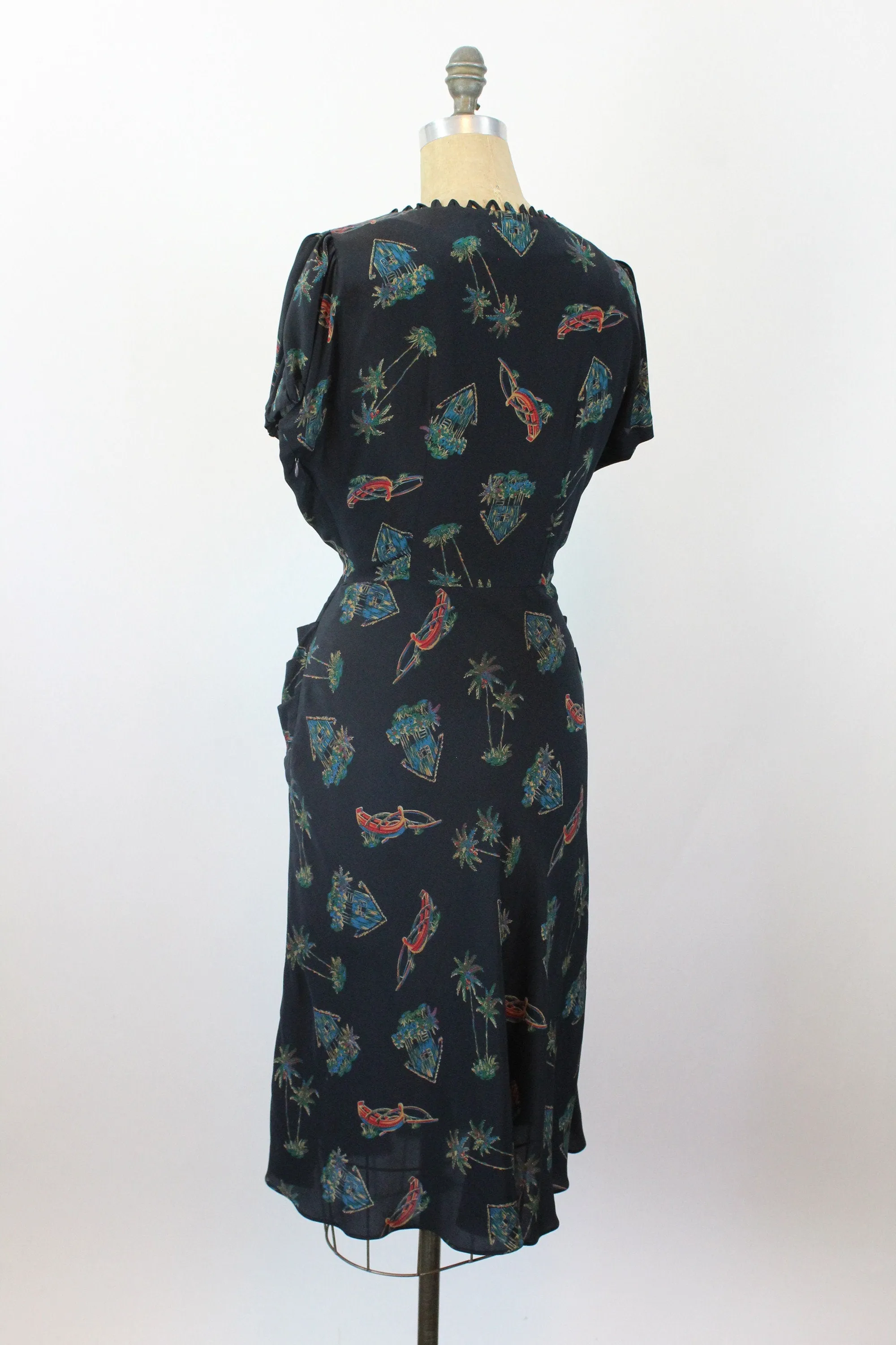 1950s NOVELTY PRINT houses boat palm tree dress medium | new fall
