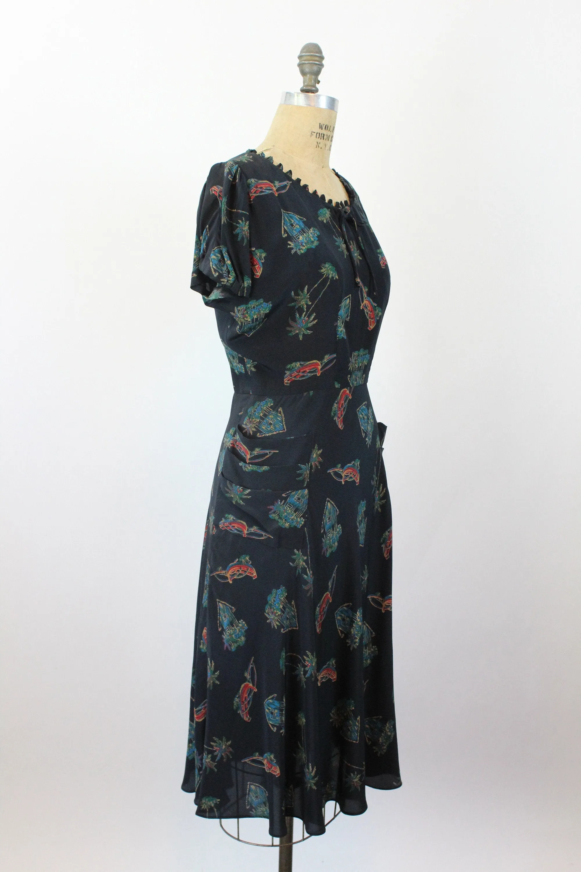 1950s NOVELTY PRINT houses boat palm tree dress medium | new fall