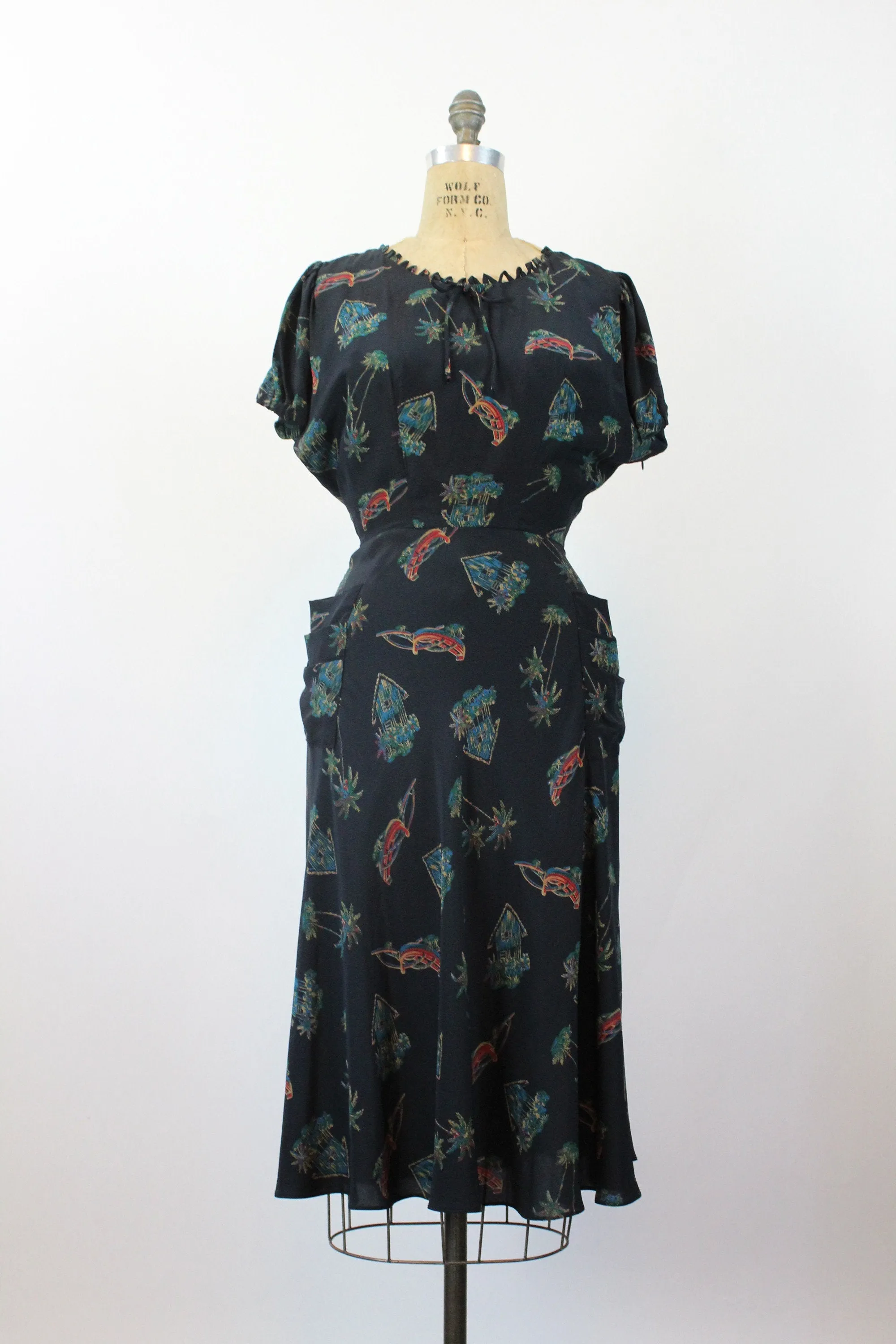 1950s NOVELTY PRINT houses boat palm tree dress medium | new fall