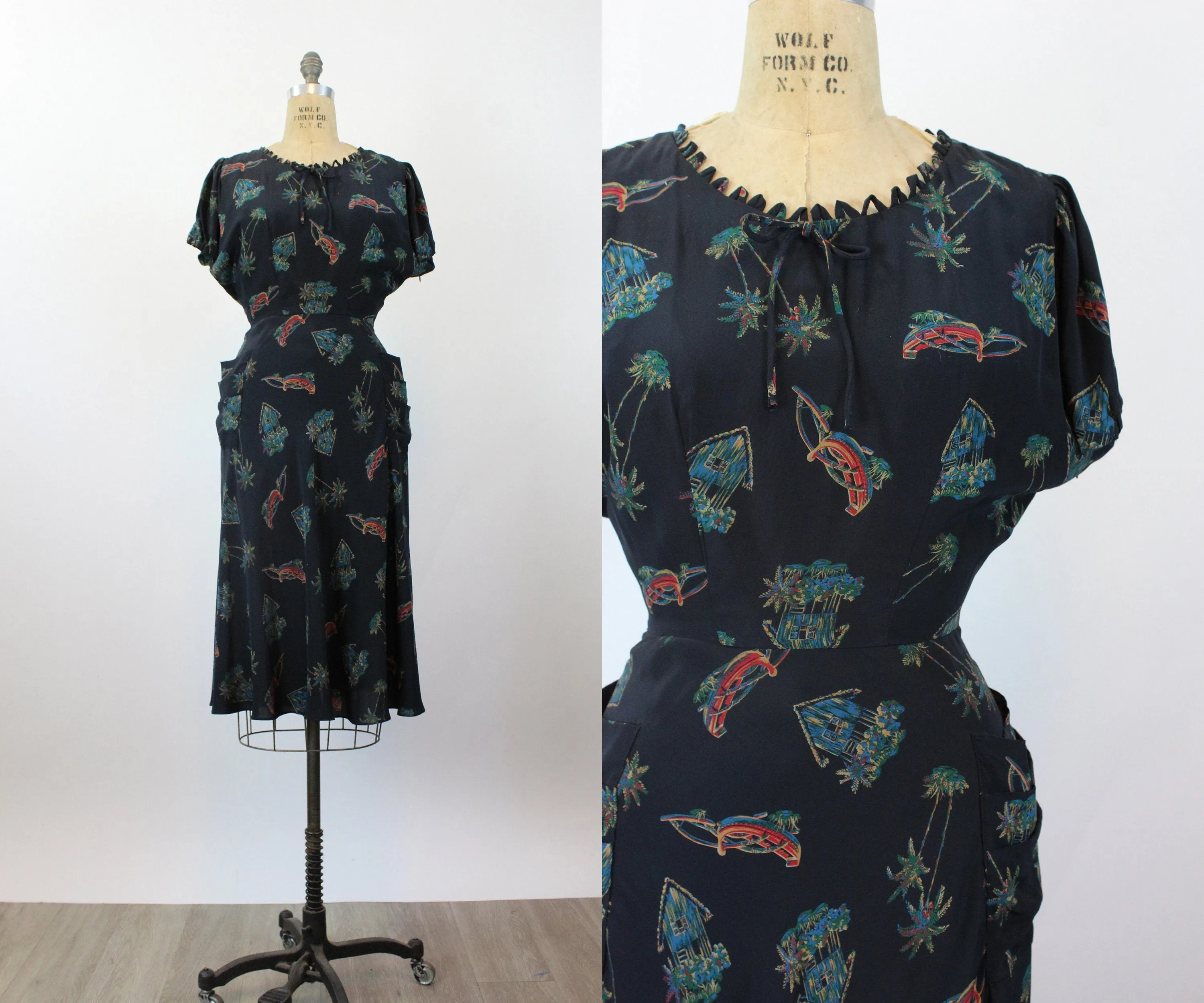 1950s NOVELTY PRINT houses boat palm tree dress medium | new fall