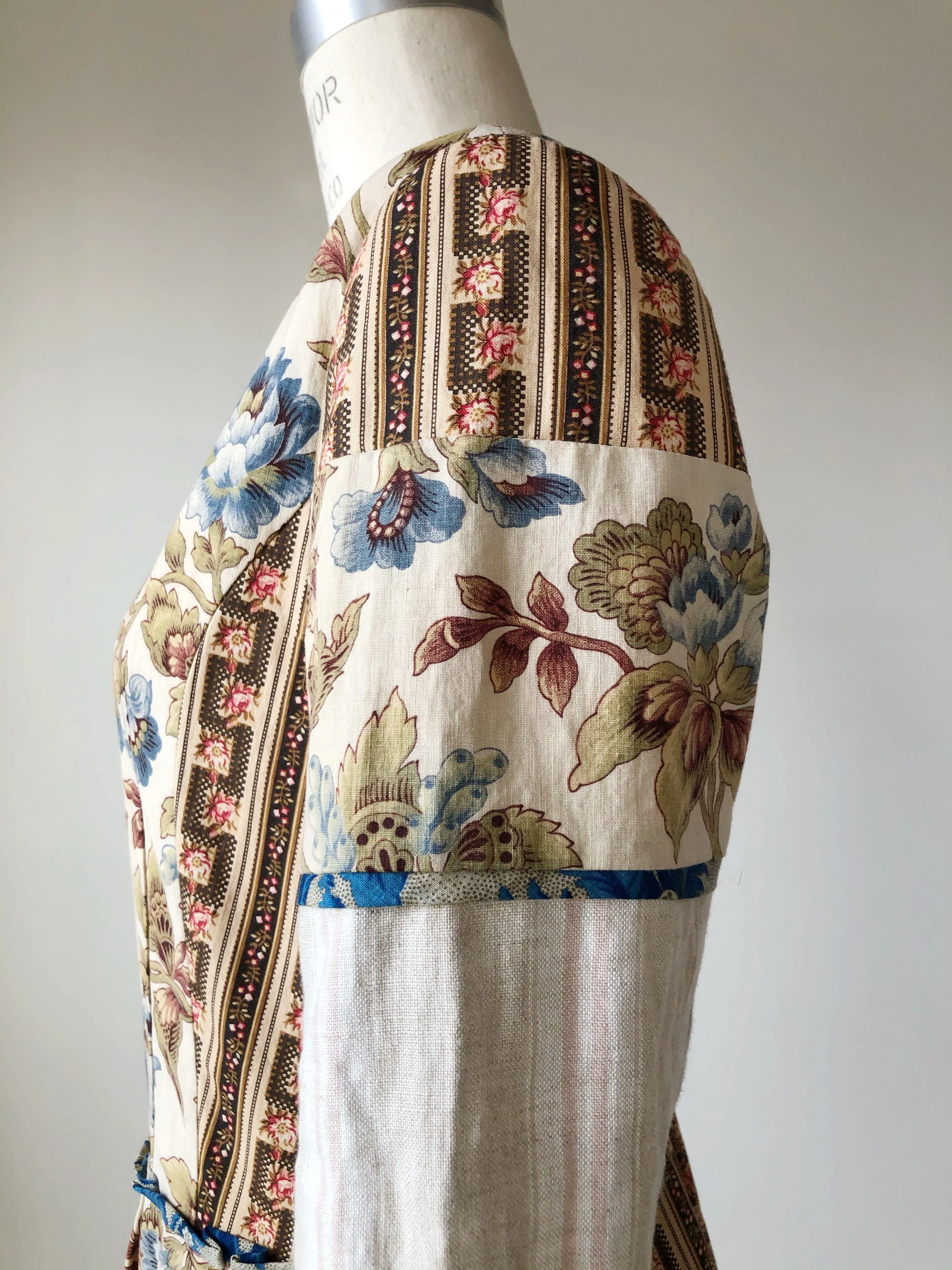 19th century indienne floral and striped linen patched shirt dress size 4
