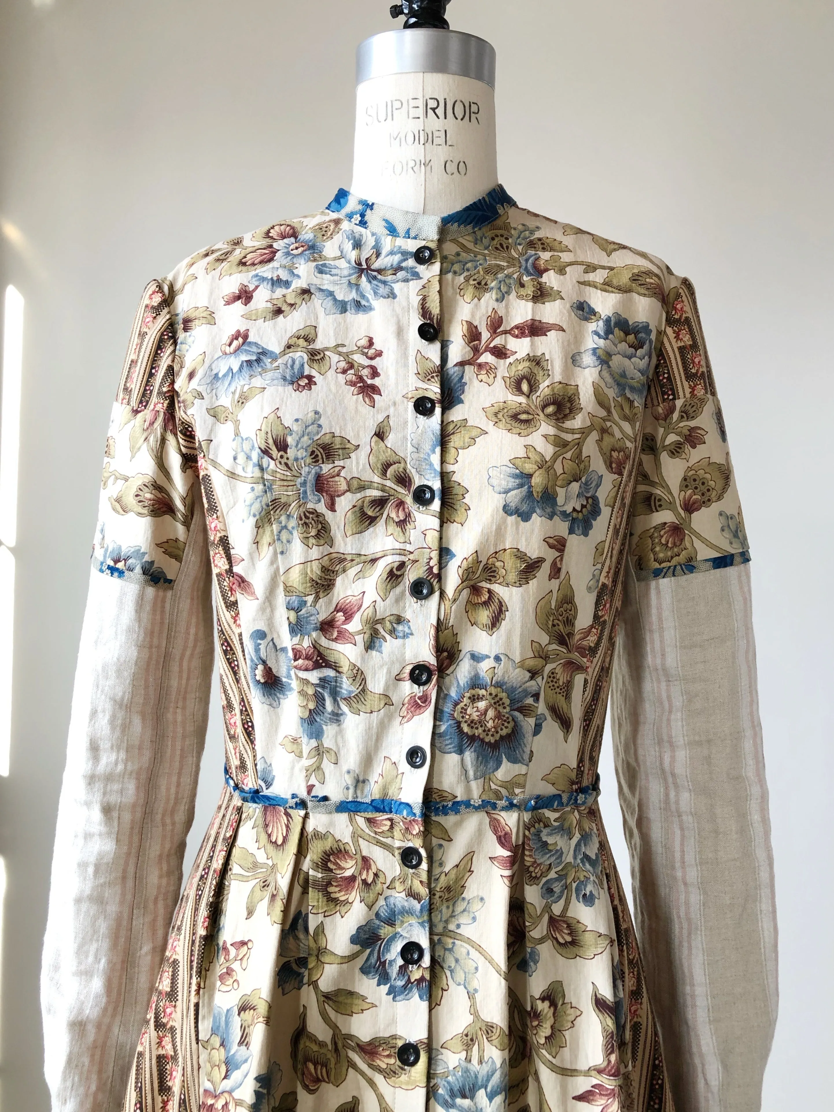 19th century indienne floral and striped linen patched shirt dress size 4