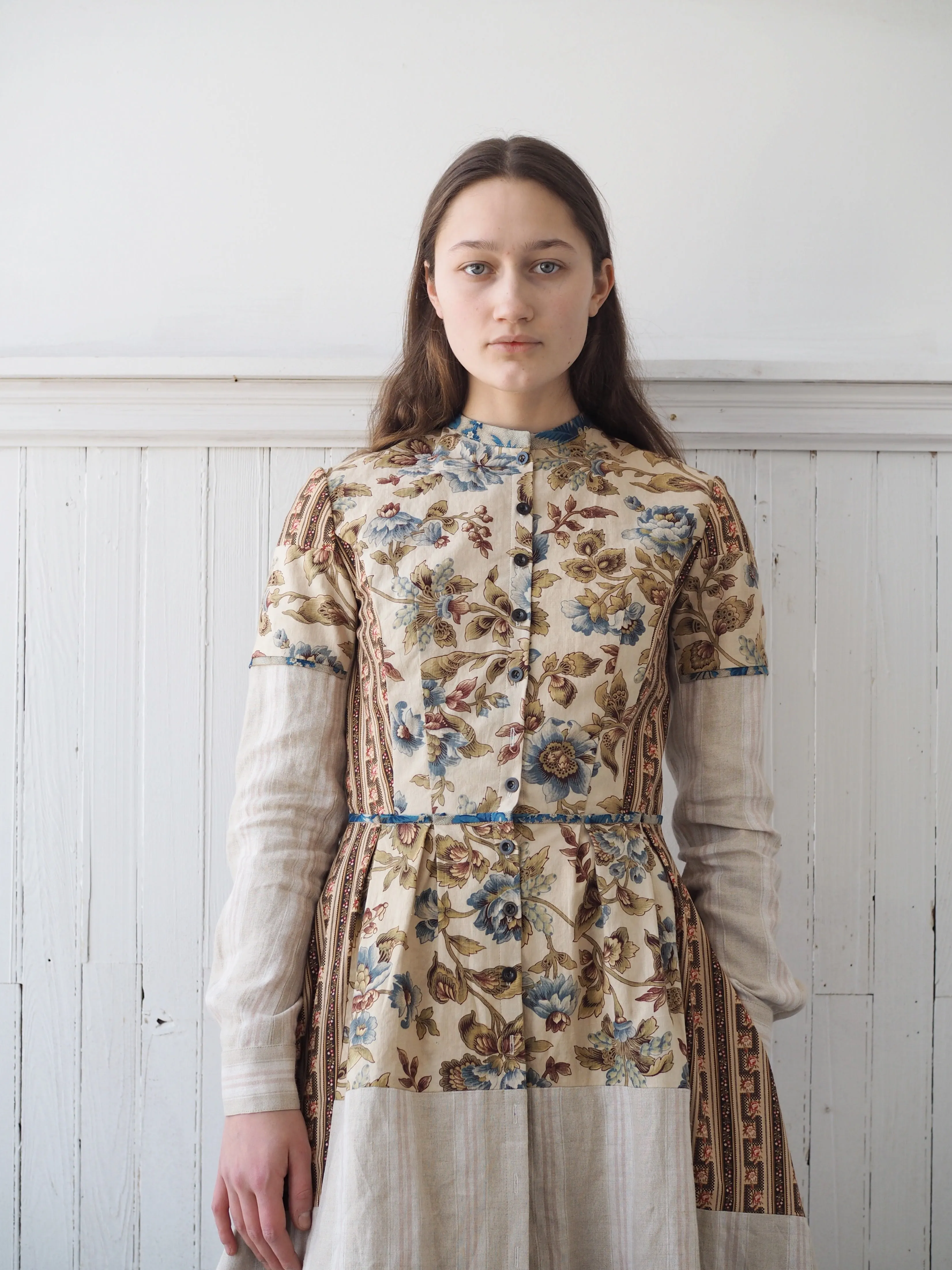 19th century indienne floral and striped linen patched shirt dress size 4