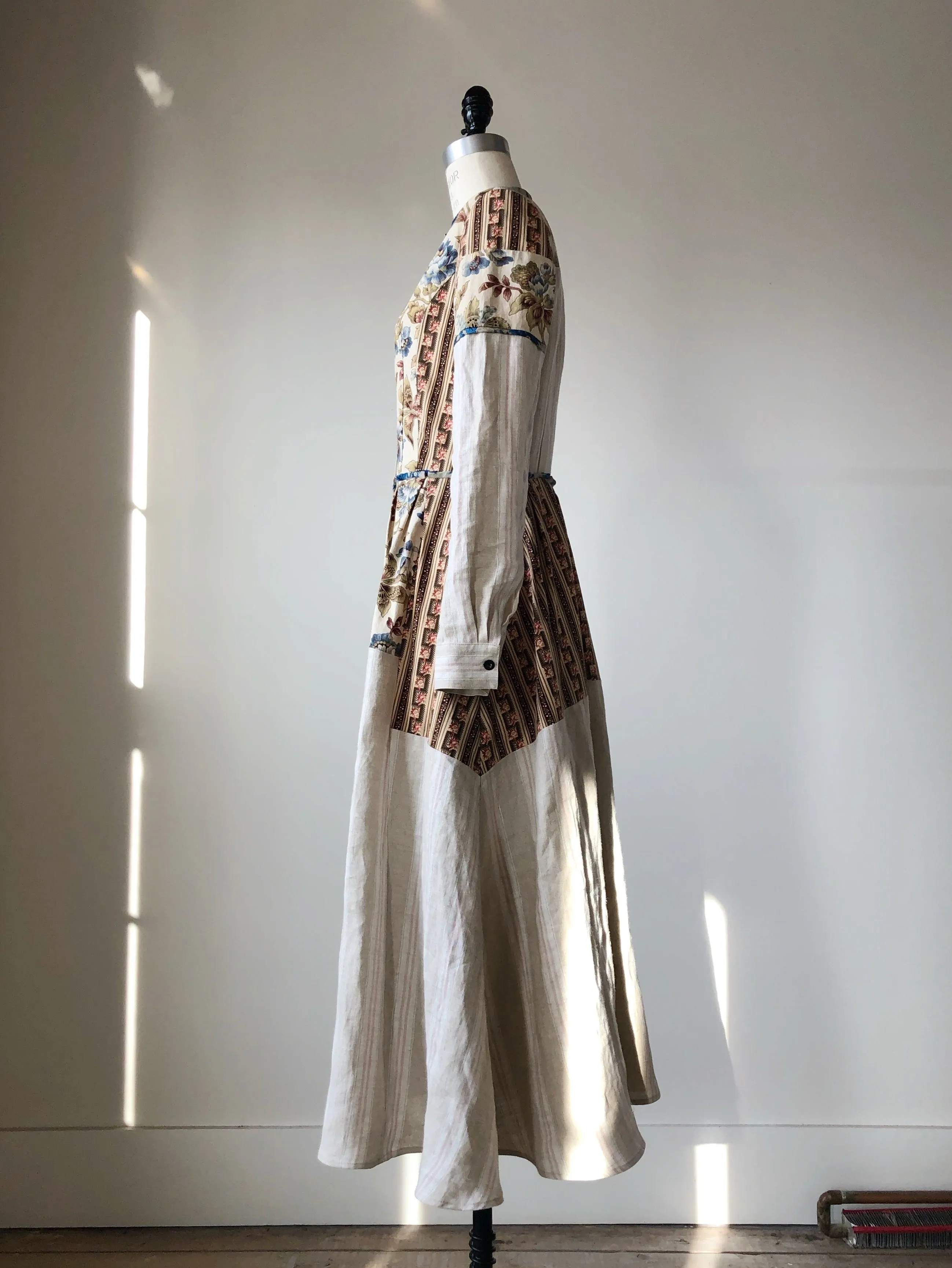 19th century indienne floral and striped linen patched shirt dress size 4