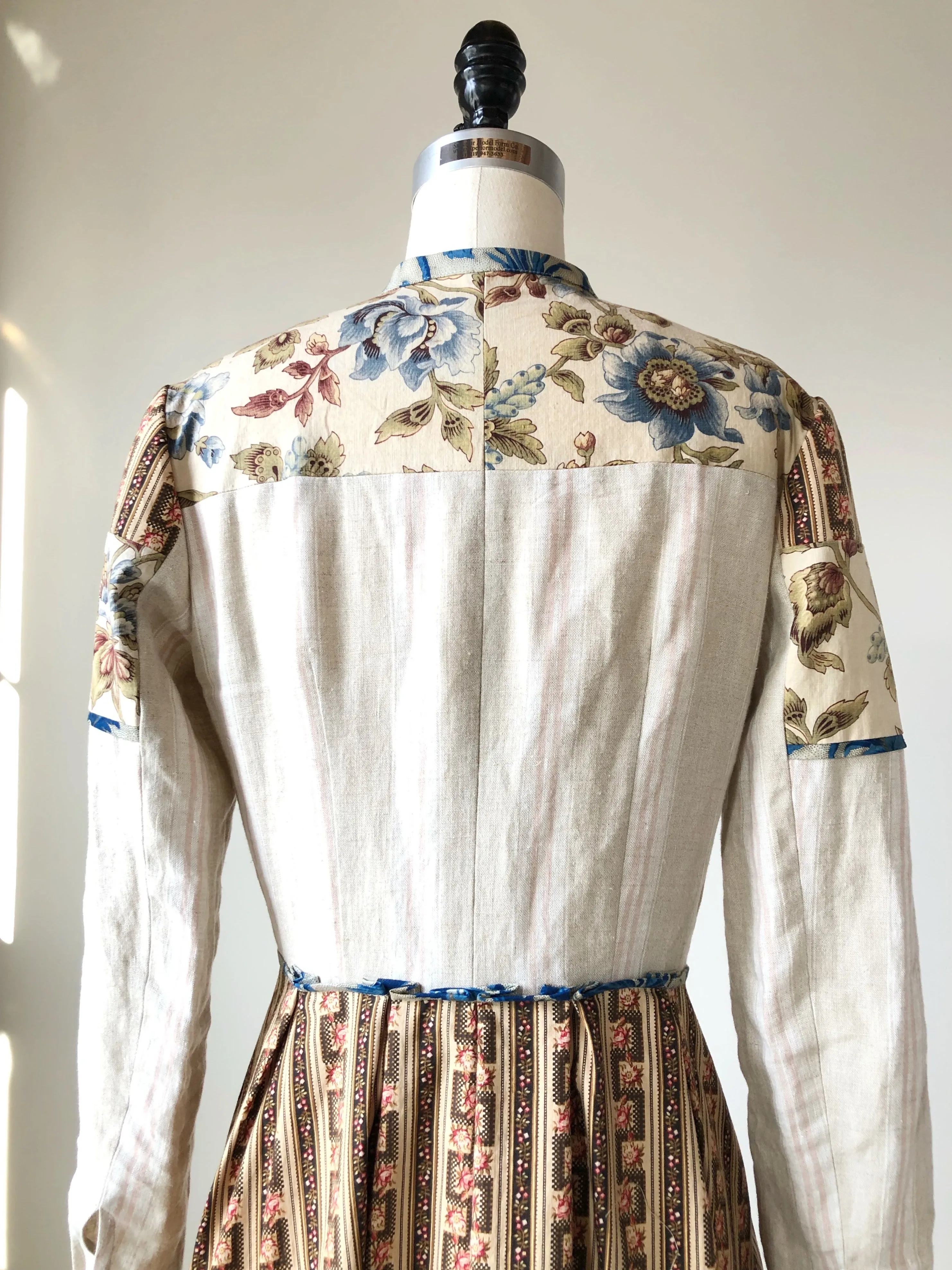 19th century indienne floral and striped linen patched shirt dress size 4