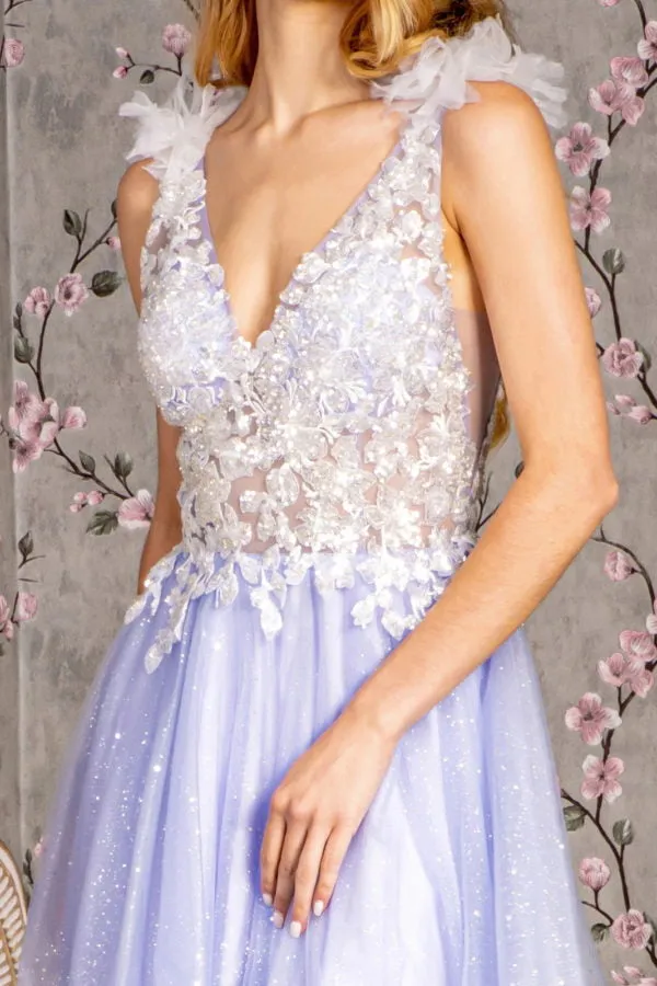 3-D Flower Sheer Bodice V-back Mesh A-line Long Dress