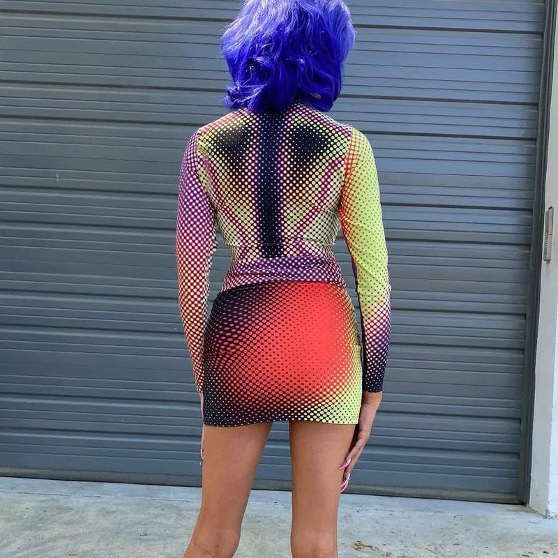 3D Dot Printed 2 Piece Outfits Shirt And Skirt Long Sleeve Sets