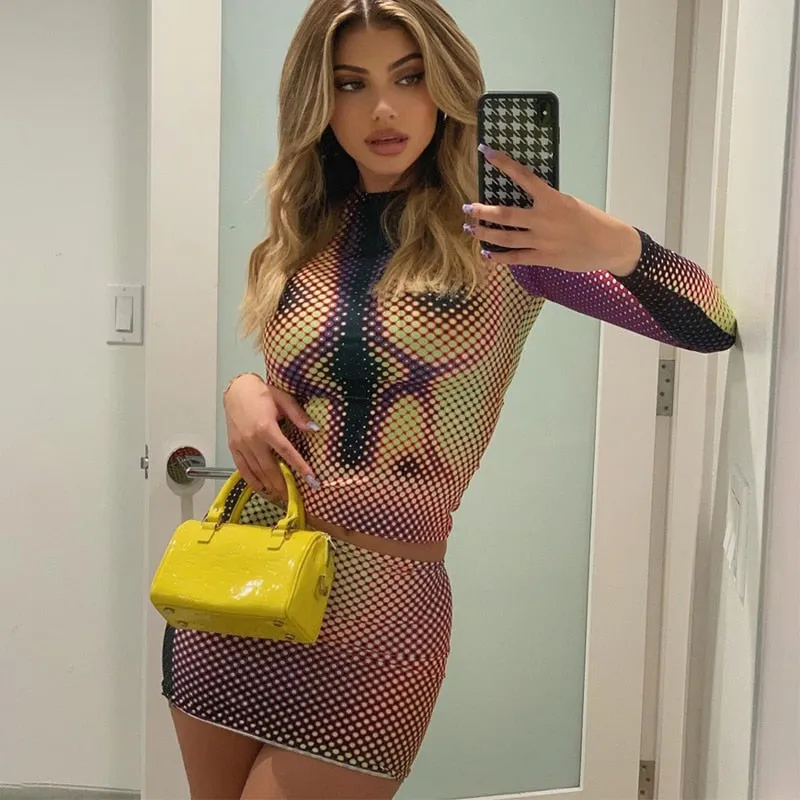 3D Dot Printed 2 Piece Outfits Shirt And Skirt Long Sleeve Sets
