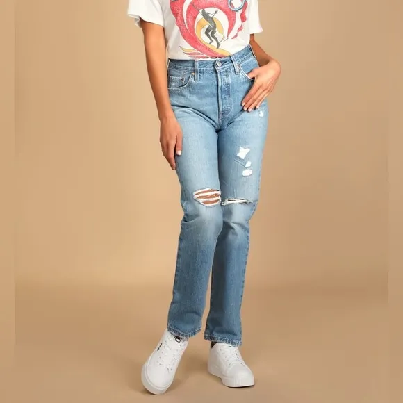 501 Original Fit Distressed Medium Wash High-Rise Jeans