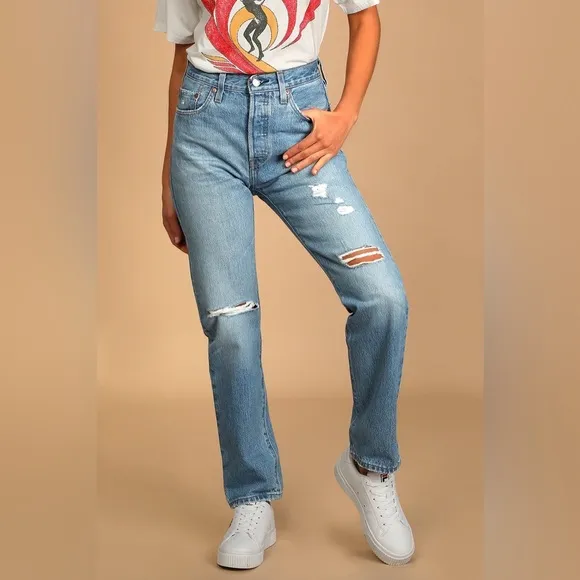 501 Original Fit Distressed Medium Wash High-Rise Jeans