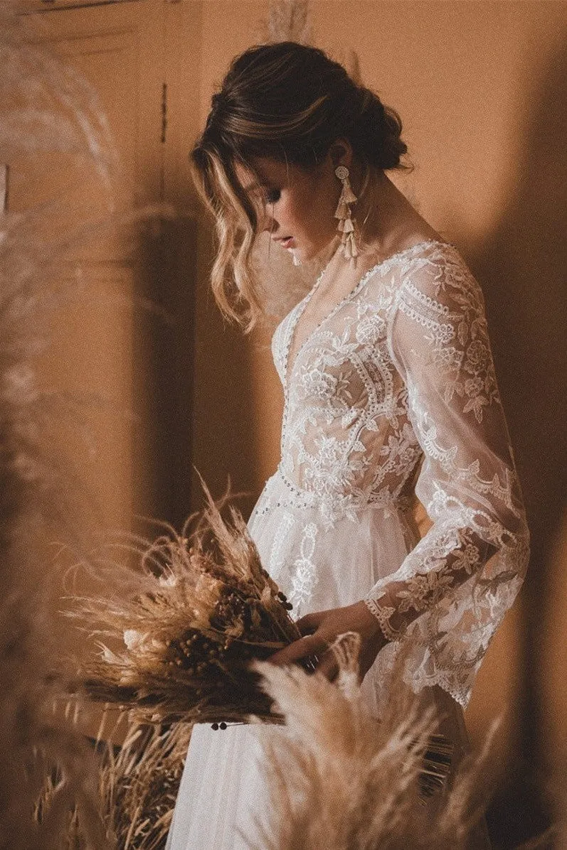 A-Line Lace Top Flare Sleeves Open Back Wedding Dress