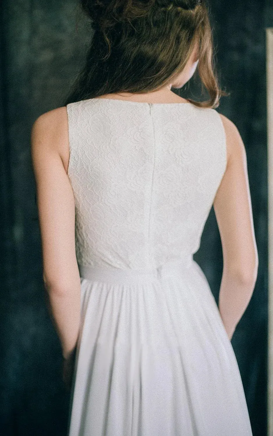 A-Line Short Sleeveless Sleeve Chiffon Lace Satin Dress