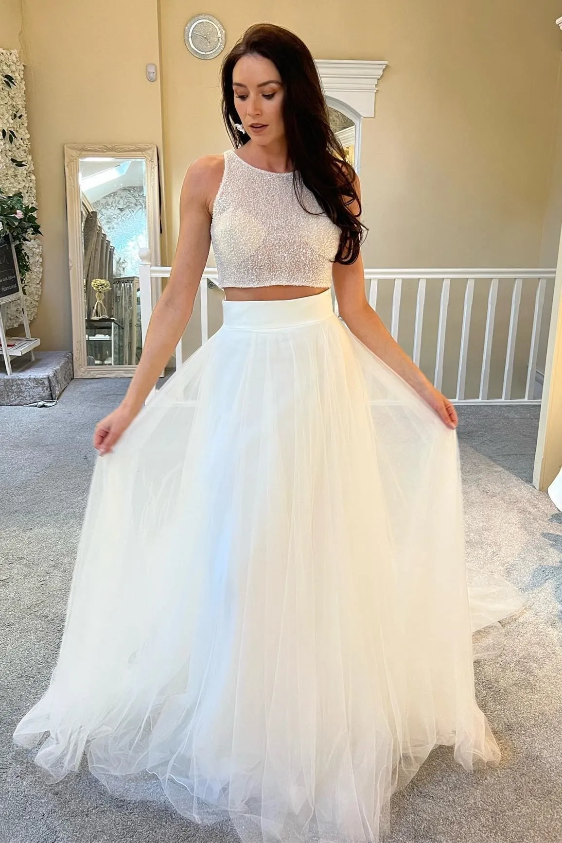 A-Line Two-Piece White Beaded A-Line Long Wedding Dress