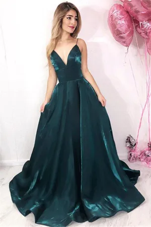 A-line V-neck Spaghetti Straps Open Back Dark Green with Pockets, Sparkly Prom Dresses,MP517