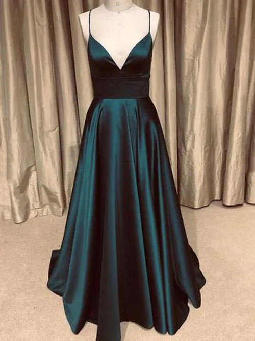 A-line V-neck Spaghetti Straps Open Back Dark Green with Pockets, Sparkly Prom Dresses,MP517