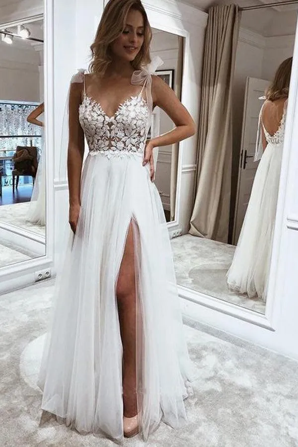 A Line V Neck Straps Tulle Split Wedding Dress/Bridal Gown with Lace