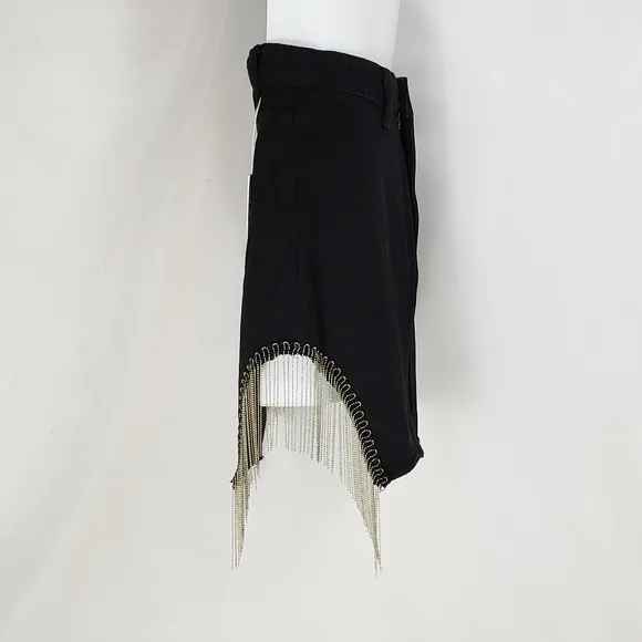 Adika Silvertone Chain Fringe Denim Skirt Black Size Small
