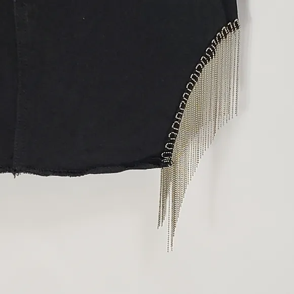 Adika Silvertone Chain Fringe Denim Skirt Black Size Small