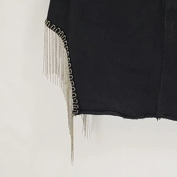 Adika Silvertone Chain Fringe Denim Skirt Black Size Small