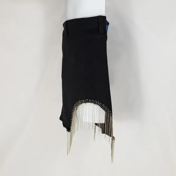 Adika Silvertone Chain Fringe Denim Skirt Black Size Small