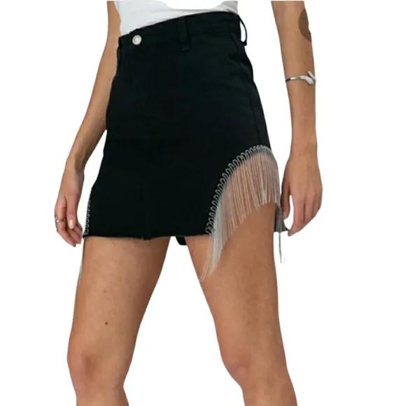 Adika Silvertone Chain Fringe Denim Skirt Black Size Small