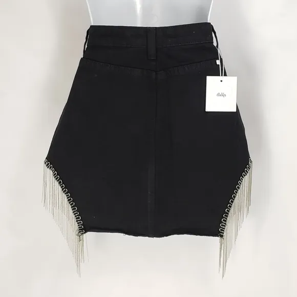 Adika Silvertone Chain Fringe Denim Skirt Black Size Small