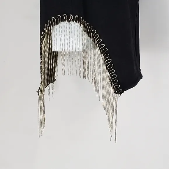 Adika Silvertone Chain Fringe Denim Skirt Black Size Small