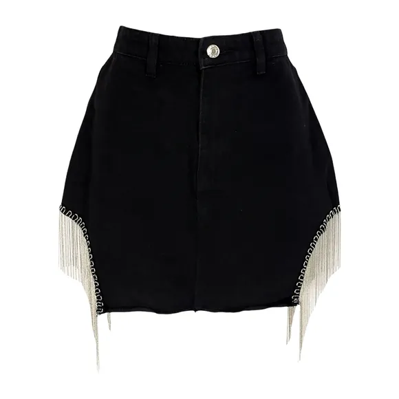 Adika Silvertone Chain Fringe Denim Skirt Black Size Small