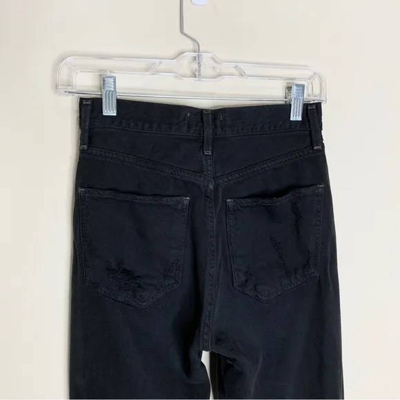 Agolde Riley High Rise Straight Crop Jeans (Sz 23) Distressed Black Frenzy