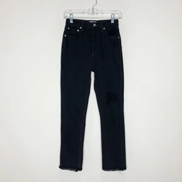 Agolde Riley High Rise Straight Crop Jeans (Sz 23) Distressed Black Frenzy