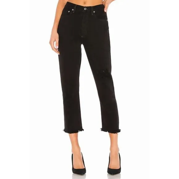 Agolde Riley High Rise Straight Crop Jeans (Sz 23) Distressed Black Frenzy