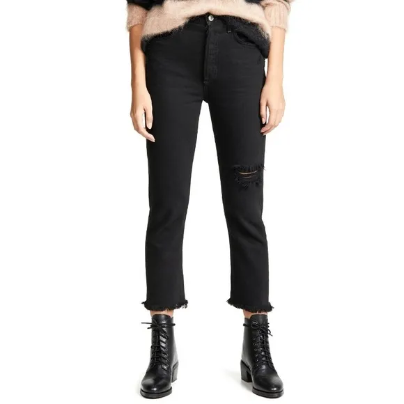 Agolde Riley High Rise Straight Crop Jeans (Sz 23) Distressed Black Frenzy