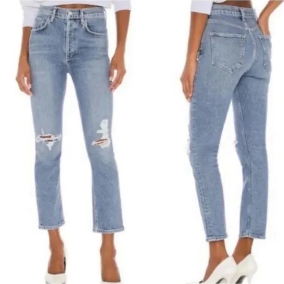 AGOLDE Riley High Rise Straight Ripped Distressed Hem Cropped Jeans Size 28