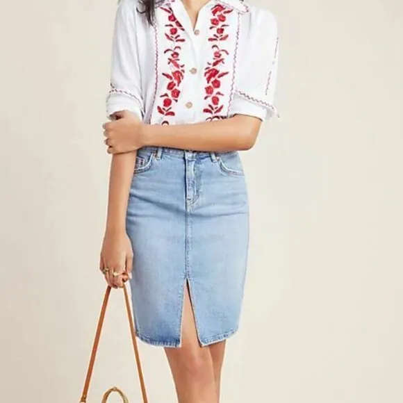Anthropologie Denim Skirt 0 Blue Pencil Faded Slim Short Straight Pilcro