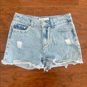 Banjara High Waisted Rhinestone Light Wash Distressed Jean Shorts
