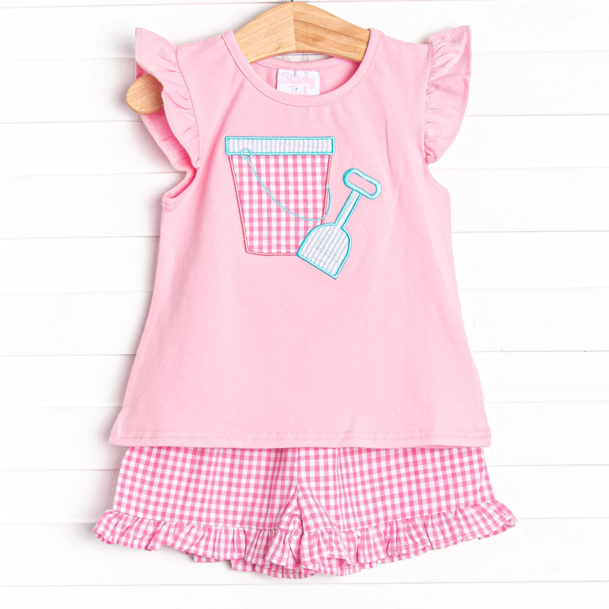 Beach Builder Applique Ruffle Short Set, Pink