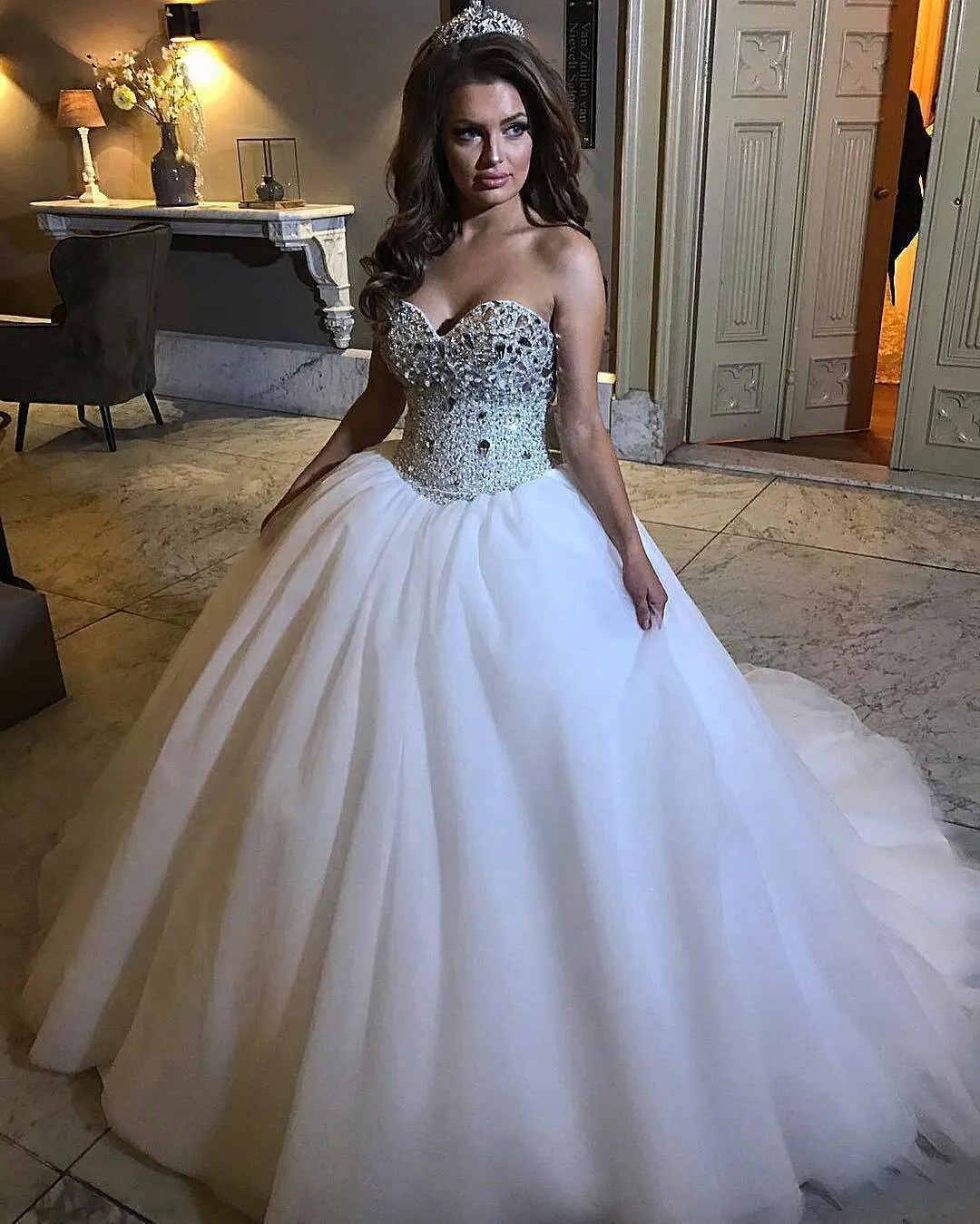 Beaded Rhinestones Wedding Gown with Tulle Skirt