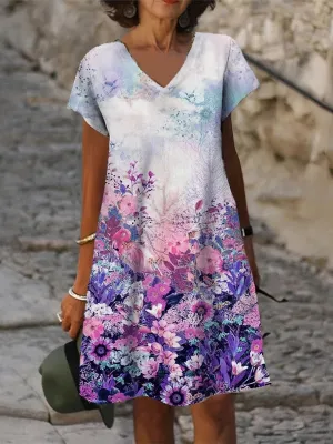 BerryBetty - Floral Purple V Neck Causal Short Sleeve Shift Dress