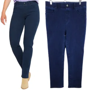 Betabrand Petite Straight Leg Yoga Denim Jeans 4-Pocket Dark Indigo Petite Large