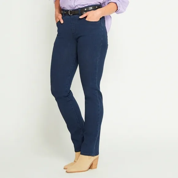 Betabrand Petite Straight Leg Yoga Denim Jeans 4-Pocket Dark Indigo Petite Large