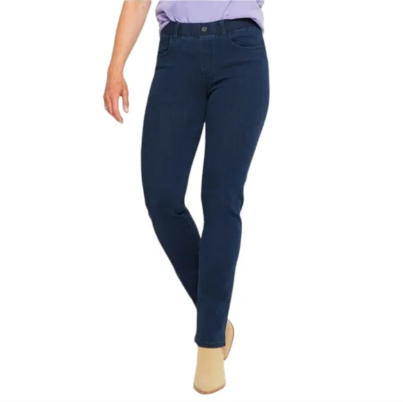 Betabrand Petite Straight Leg Yoga Denim Jeans 4-Pocket Dark Indigo Petite Large