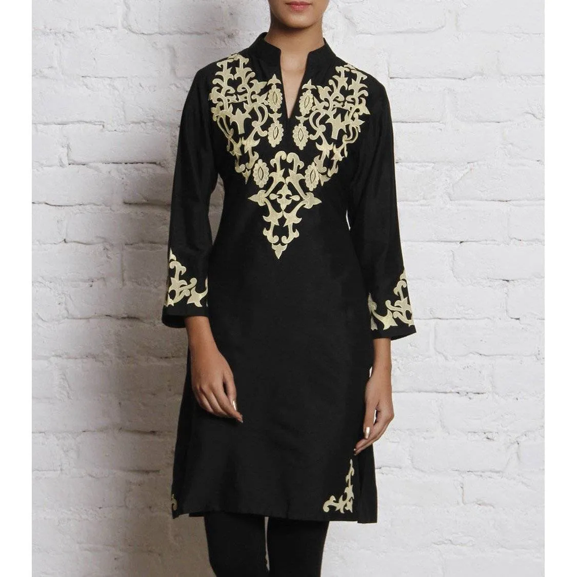 Black Embroidered Katan Silk Kurti