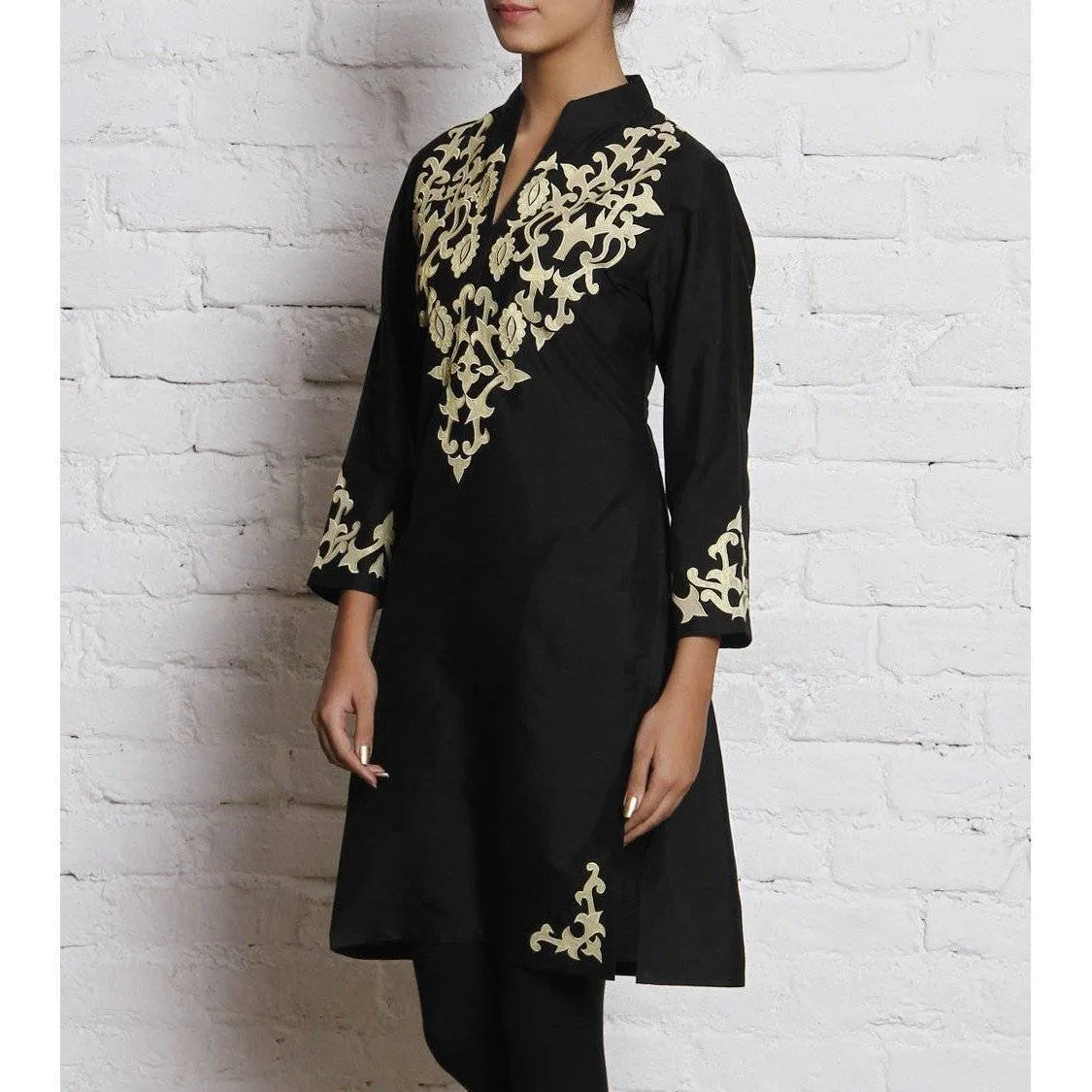 Black Embroidered Katan Silk Kurti