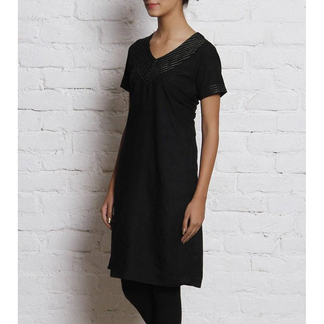 Black Embroidered Linen Kurti