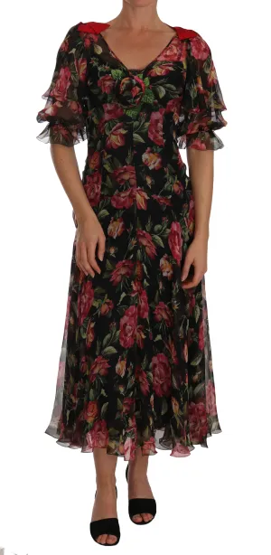 Black Floral Roses A-Line Shift Gown